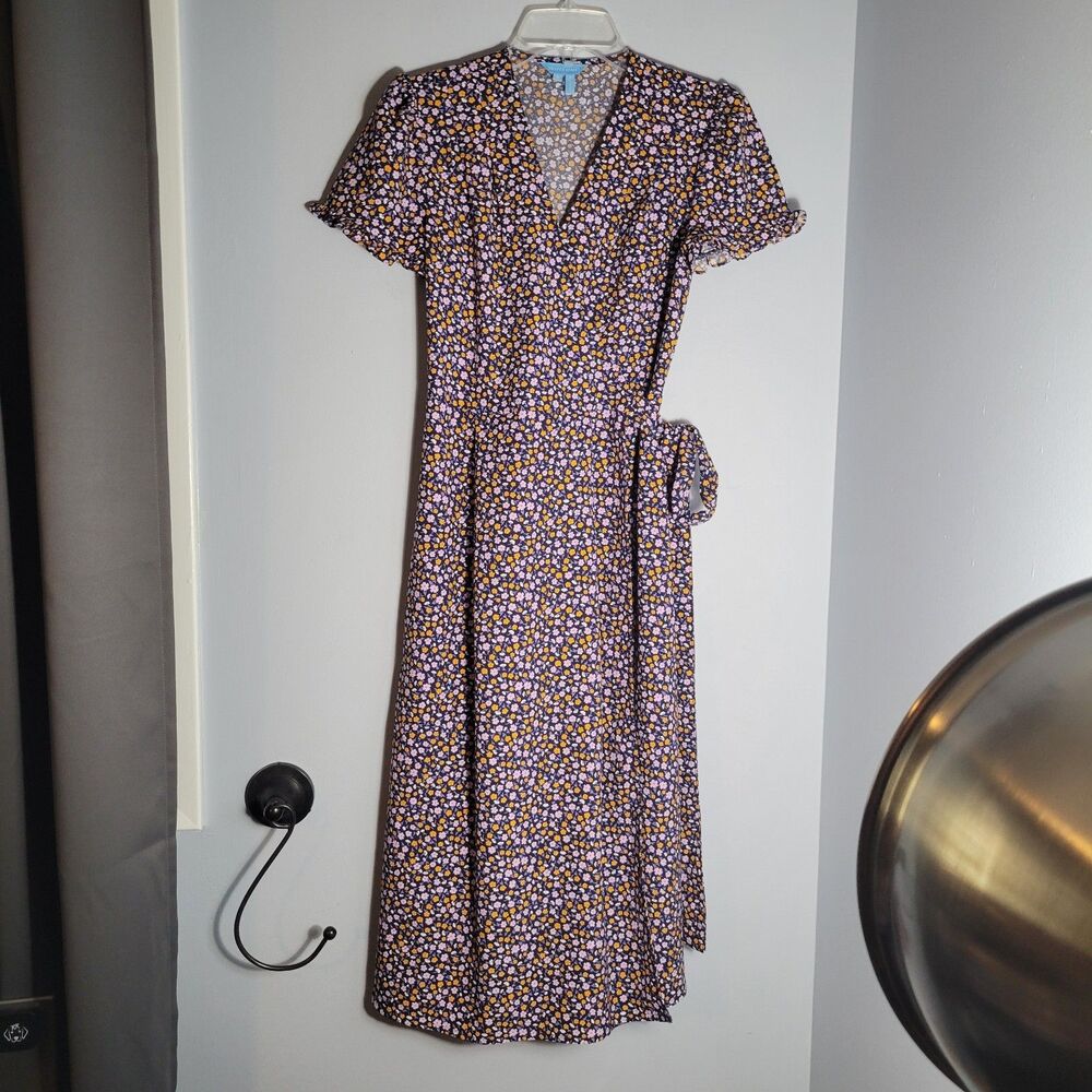 Draper James Black Multi Floral Midi Wrap Dress Size 2/XS